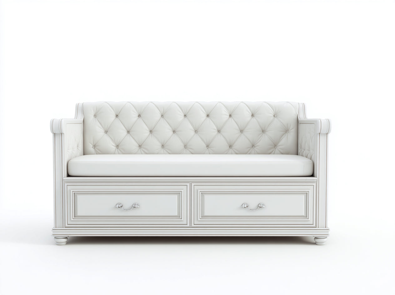 Sofás cama tapizados 180x85x92 cm - Blanco - Diseño clásico capitoné con 2 cajones