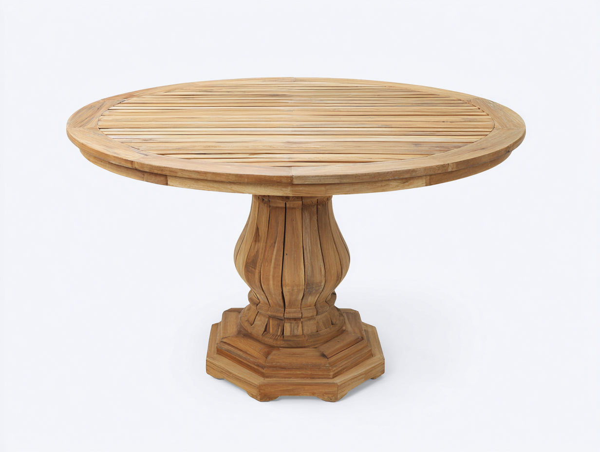 Mesas de jardín de madera 130x130x76 cm - Madera natural - Diseño redondo con pedestal clásico