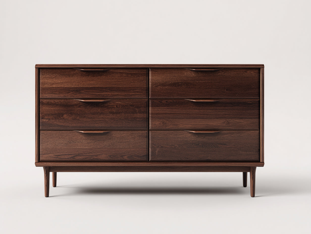 Cómodas de madera maciza 120x45x85 cm - marrón - 6 cajones - estilo moderno de mediados de siglo