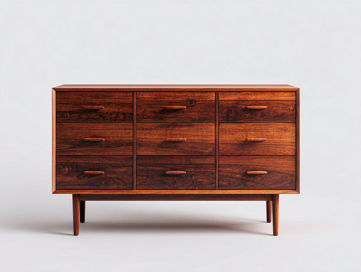 Cómodas de madera maciza 135x45x82 cm - marrón - 9 cajones - estilo moderno de mediados de siglo