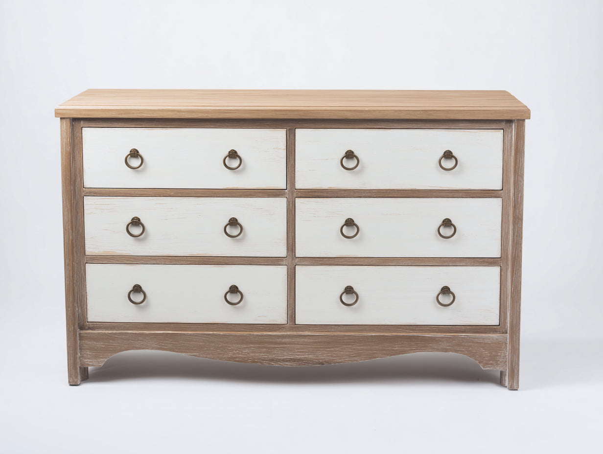 Cómodas de madera 120x40x85 cm - Blanco y madera natural - Estilo rústico con 6 cajones